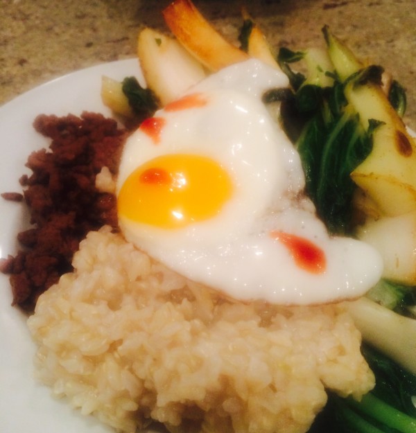 Minced Beef with Bok Choy and Fried Egg