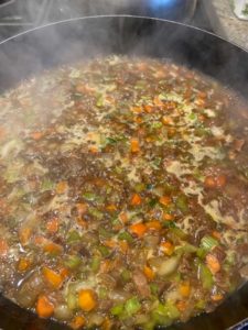 Veggies simmering with mushroom broth